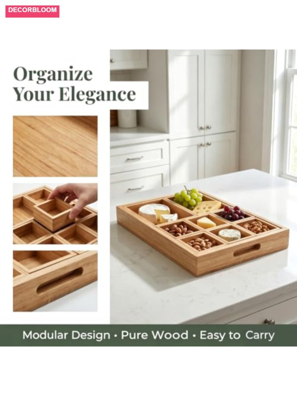 Natural Paulownia Wood Serving Tray 9-Compartment with Handles - Picture 5 of 6